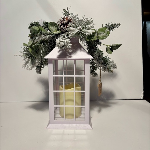 Other - White Battery-Operated Lantern w/ Frosted Wintery Greenery – 14” x 6” New